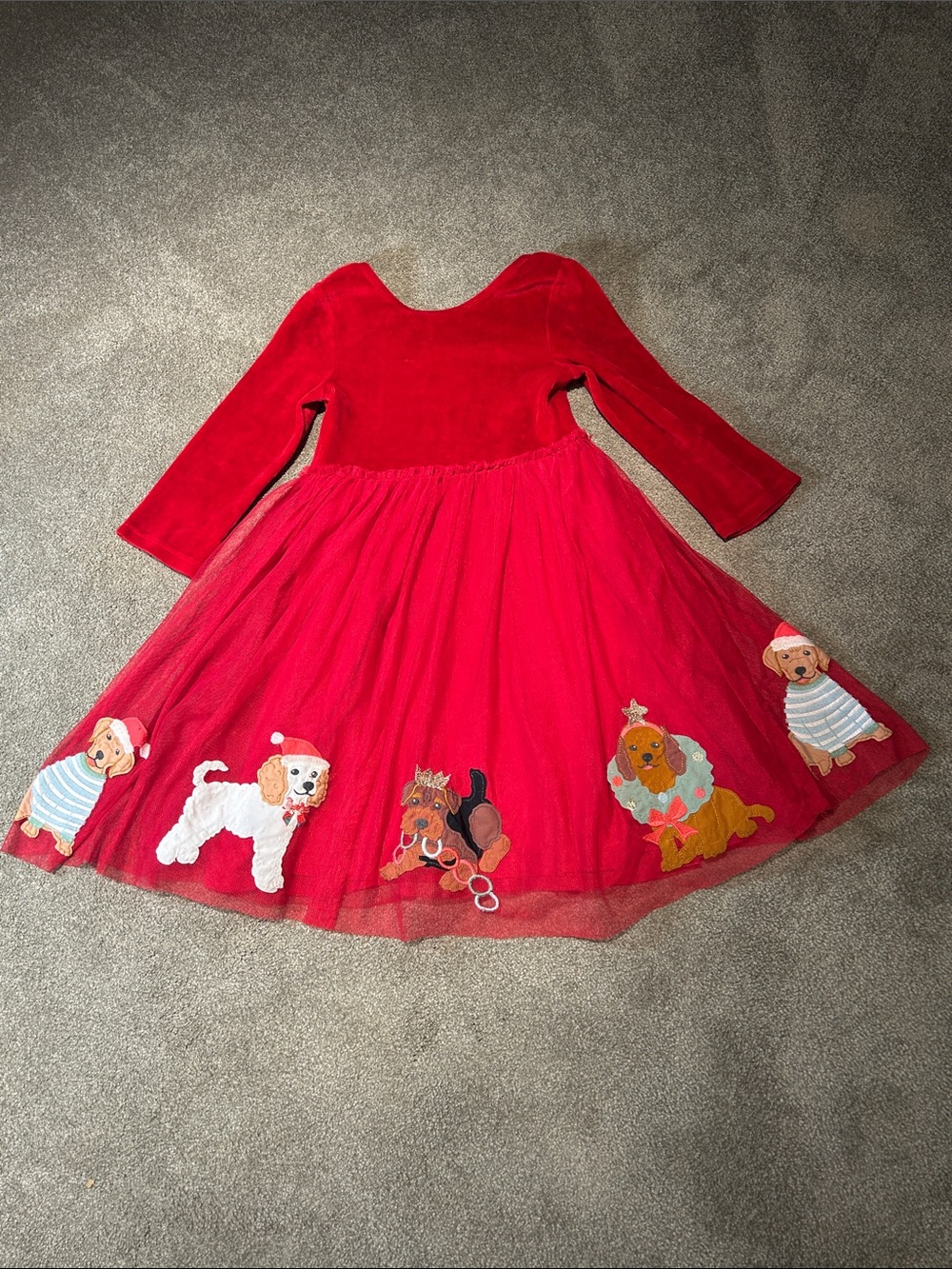 Mini Boden Red Velvet & Tulle Dress with Puppy Appliqués